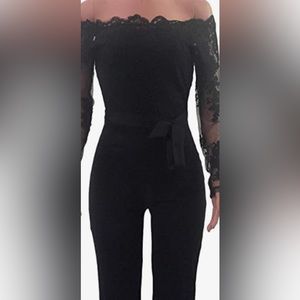 Ophestin - Black Lace mesh slim fit high waisted palazzo jumpsuit - Size: 2X